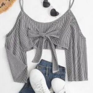 ZAFUL Gingham Tie Front Open Shoulder Crop Top Size Small